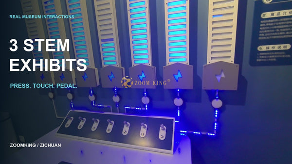 STEM Exhibits in Action video cover showing illuminated contact-operated columns at Zichuan Science Museum.