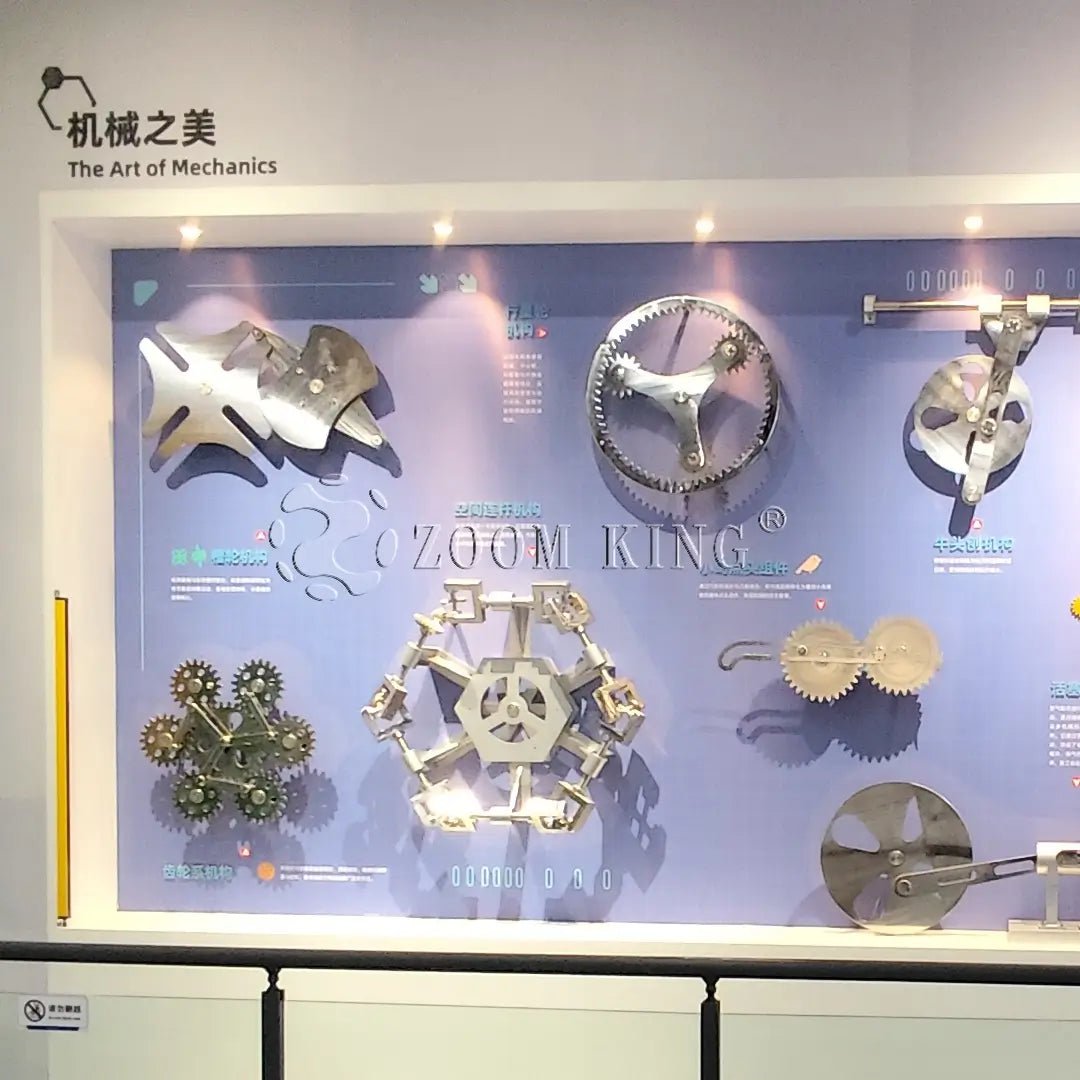 Interactive mechanics wall display showcasing classical motion principles
