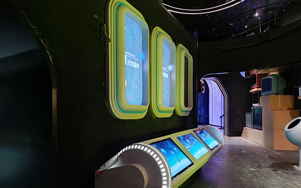 Completed interactive science museum exhibits installed in large public exhibition spaces