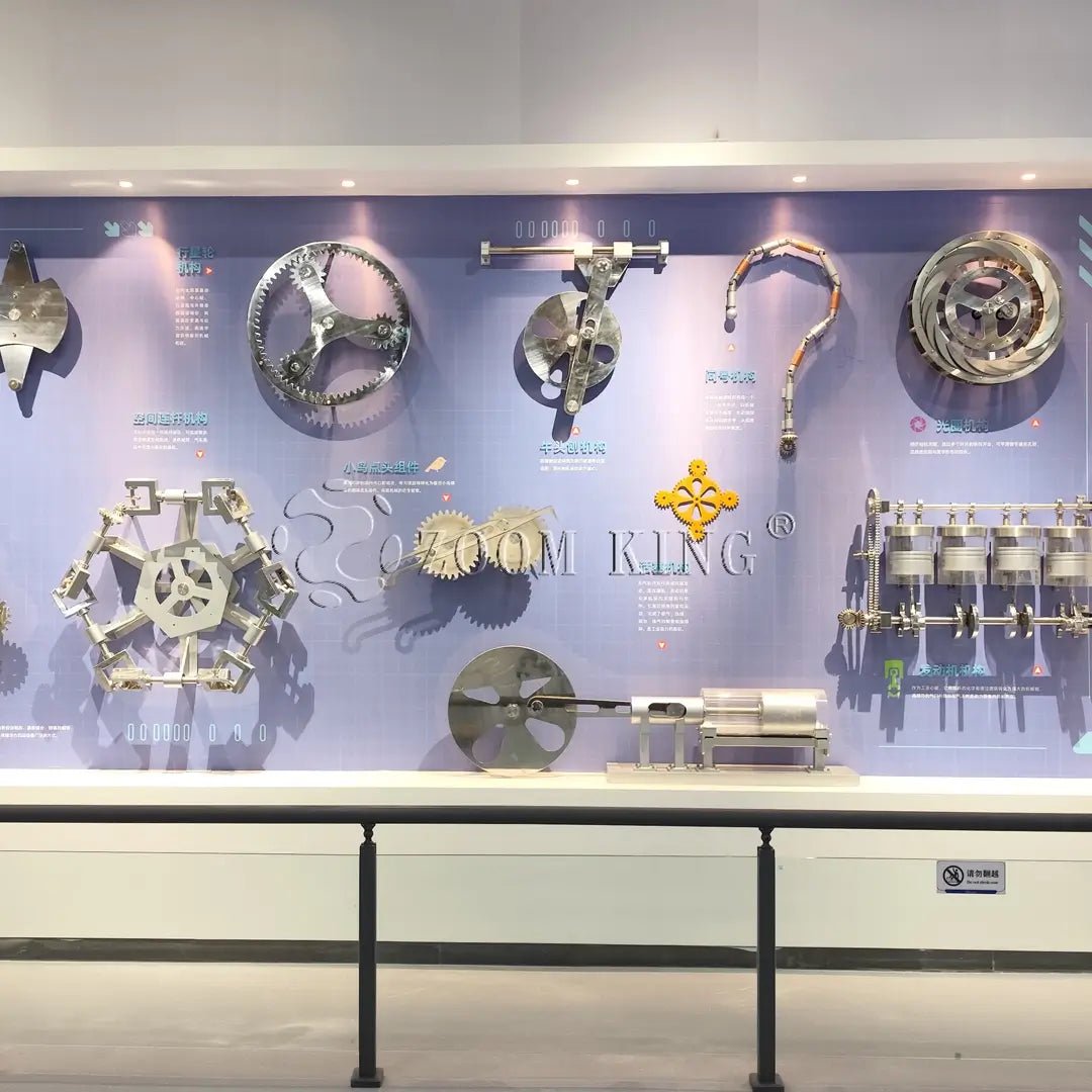 Custom mechanical science exhibits wall for education centers
