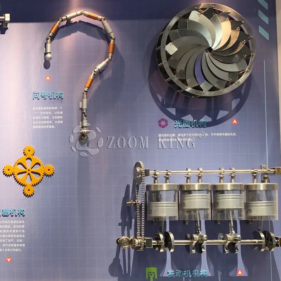 Wall-mounted interactive mechanics exhibits demonstrating motion art