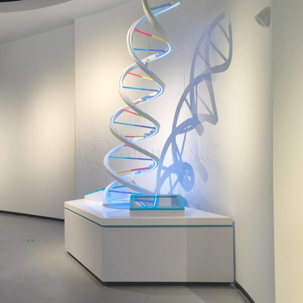 Side view of giant DNA helix interactive exhibit showing genetic structure