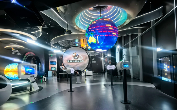 Interactive science center exhibit installation in large public museum space