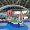 Indoor children's water exhibit with rainbow-themed ceiling installation
