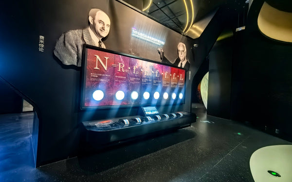 Completed interactive science museum exhibits installed in large public exhibition spaces
