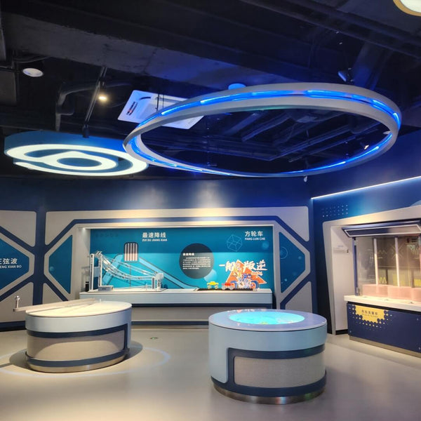 Completed interactive STEM exhibit installed in a public science museum environment