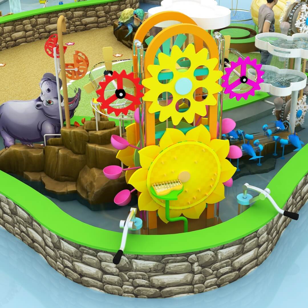 Artistic interactive water installation combining mechanics and water play