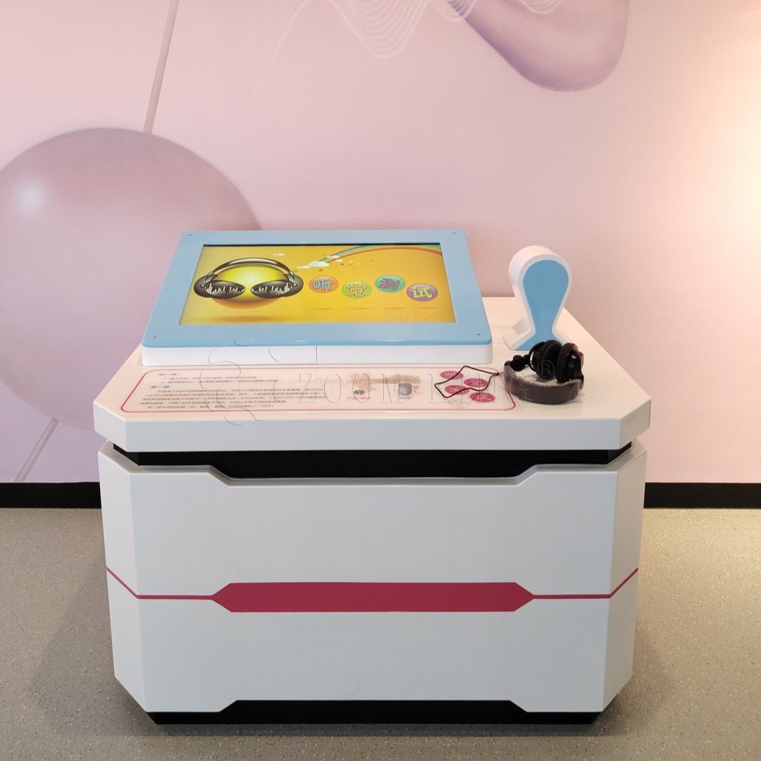 Children’s hearing test interactive science exhibit in science museum
