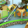 Themed interactive water installation combining play structures and water science