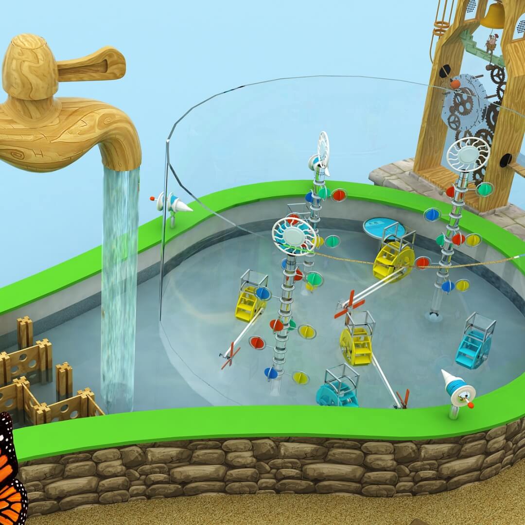 Water wheel and mechanical linkage demonstrating hydraulic principles for children