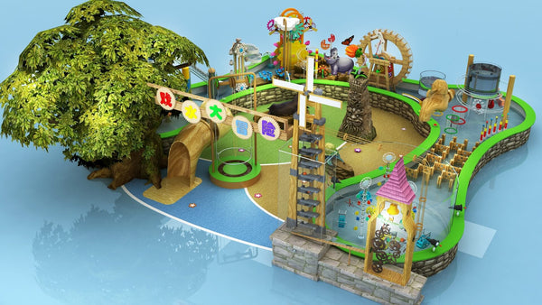 Kids interactive water play exhibit showing a complete water science and safety learning environment