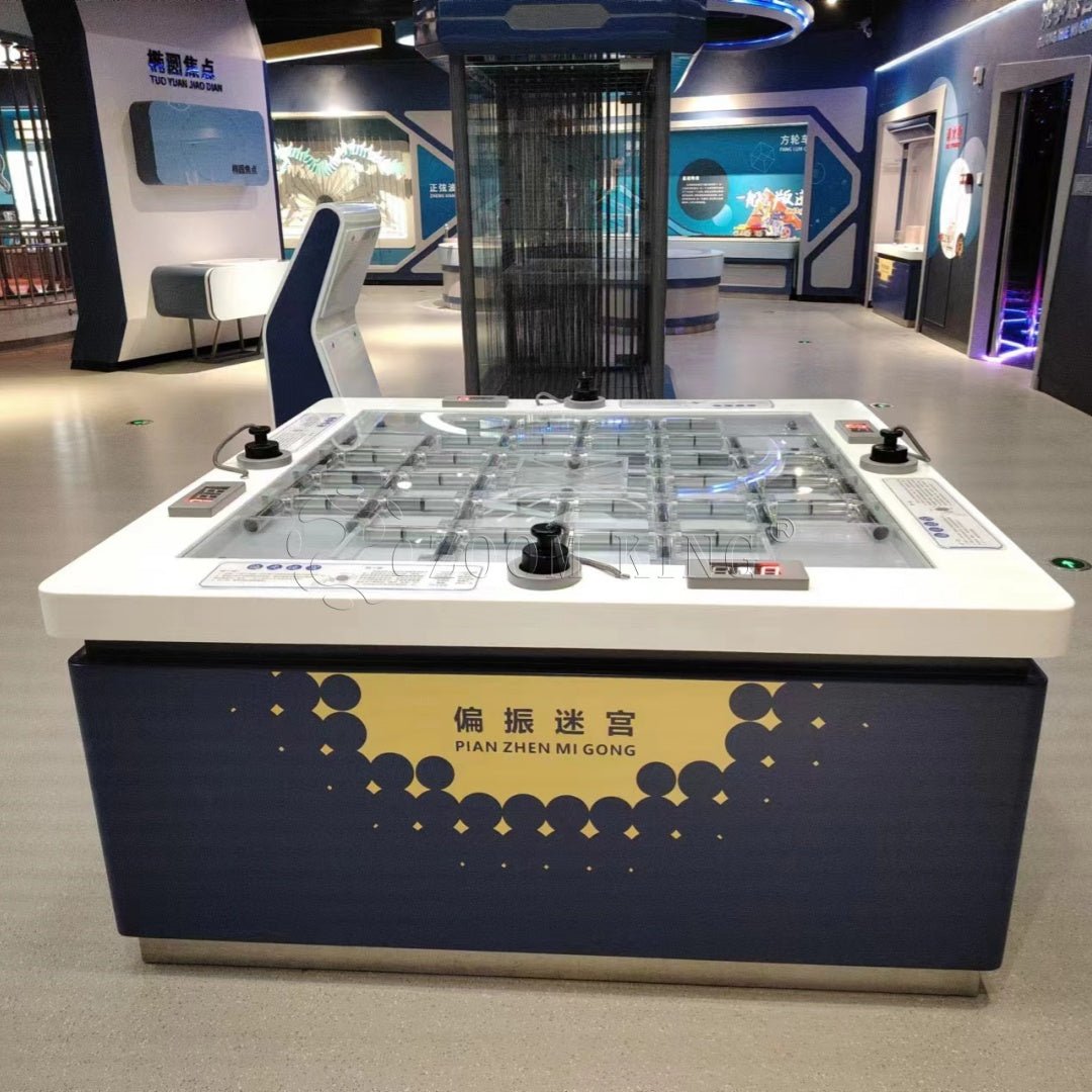 Hands-on polarized maze exhibit demonstrating visual perception and coordination skills