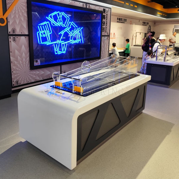 Slope race interactive exhibit demonstrating inertia comparison in science museum