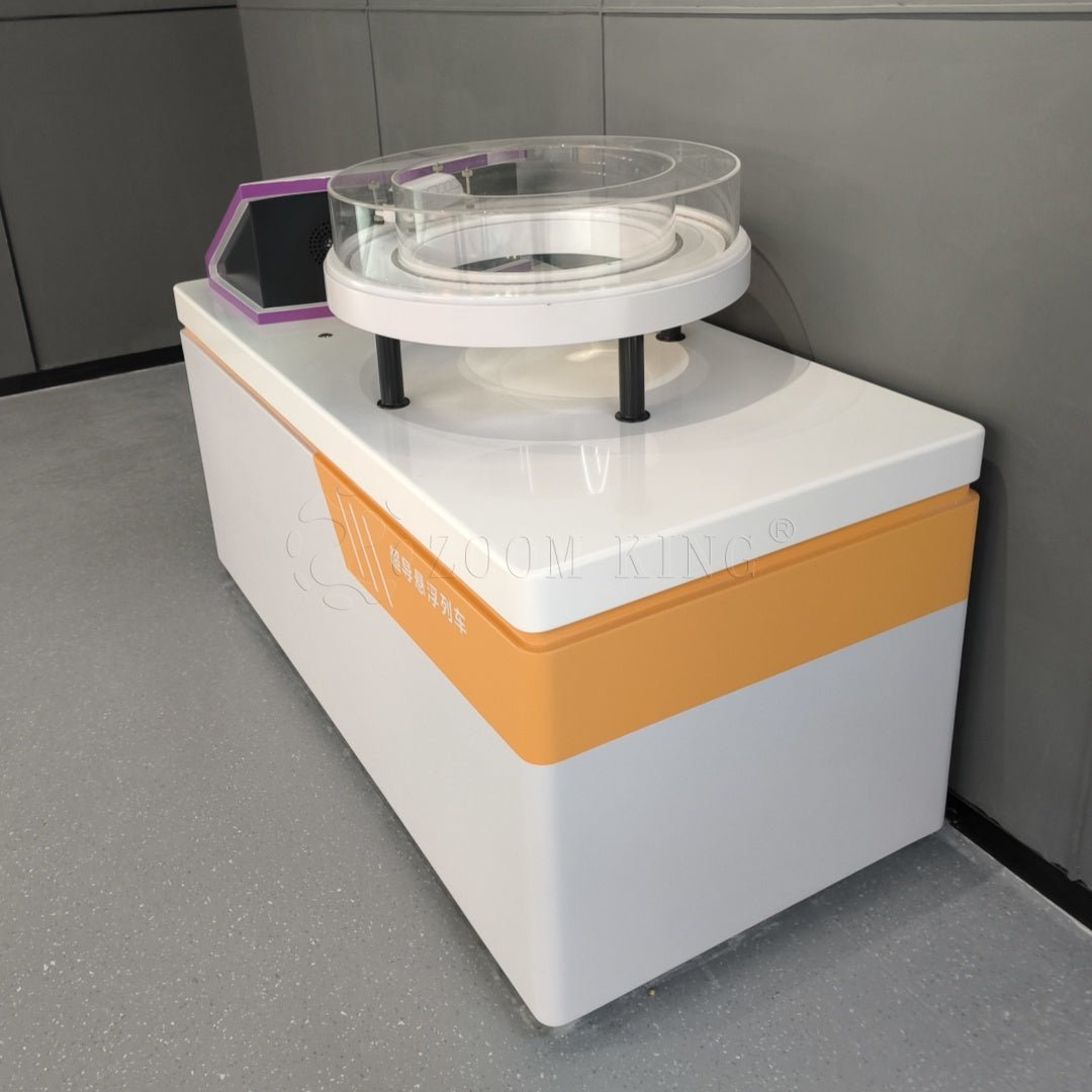 Maglev train exhibit detail showing superconducting magnetic levitation technology