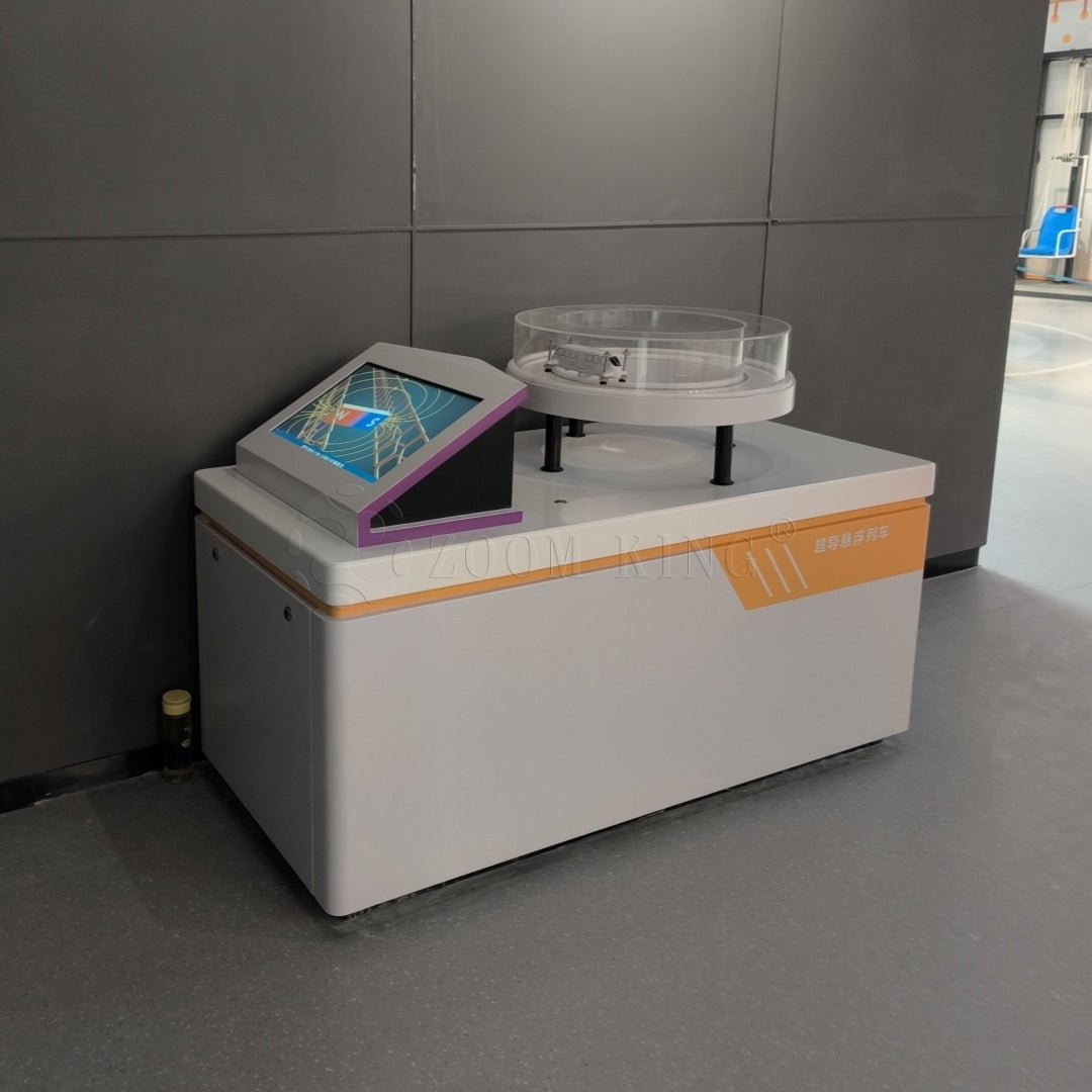 Children exploring superconducting maglev train exhibit in a science center