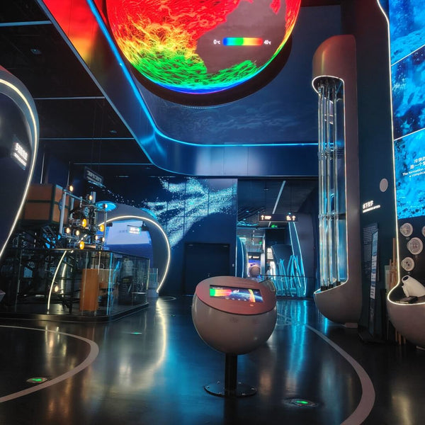 Custom themed interactive science museum exhibit system designed for high-traffic public use

