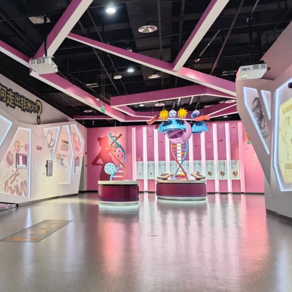 Themed science exhibition environment with immersive design and interactive science museum installations
