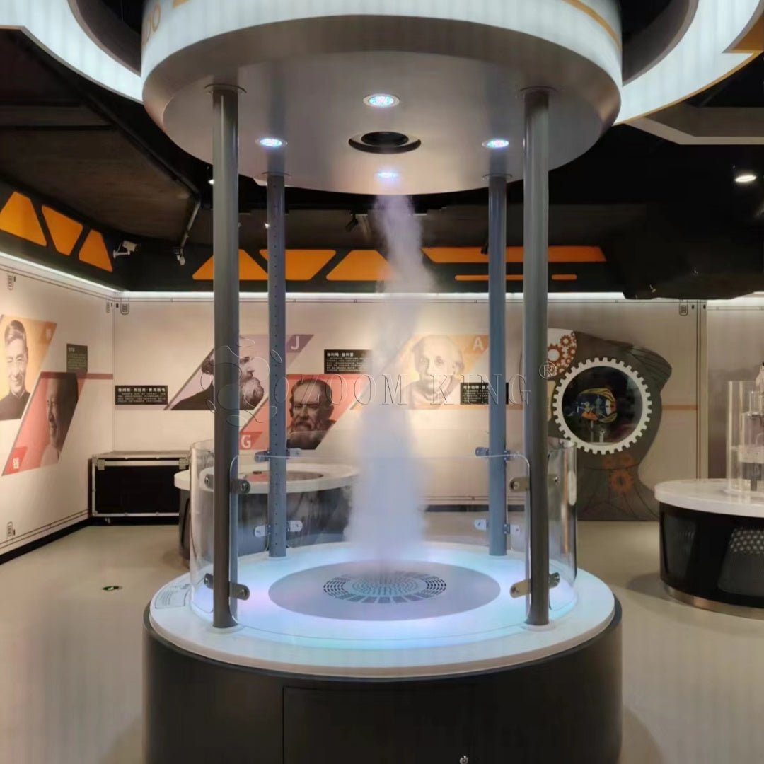 Hands-on weather science exhibit explaining tornado formation and atmospheric motion